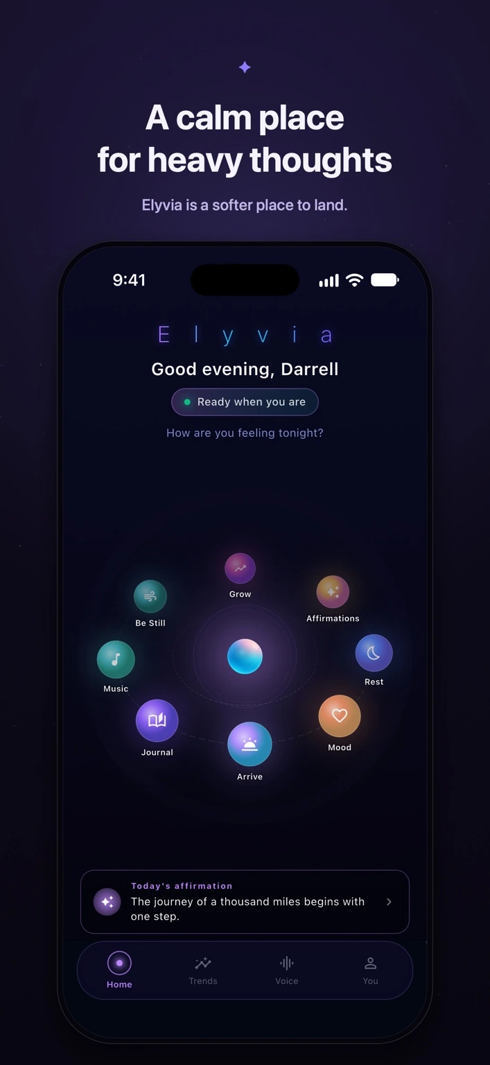 A calm place for heavy thoughts — official Elyvia Home screenshot with the feature orbit