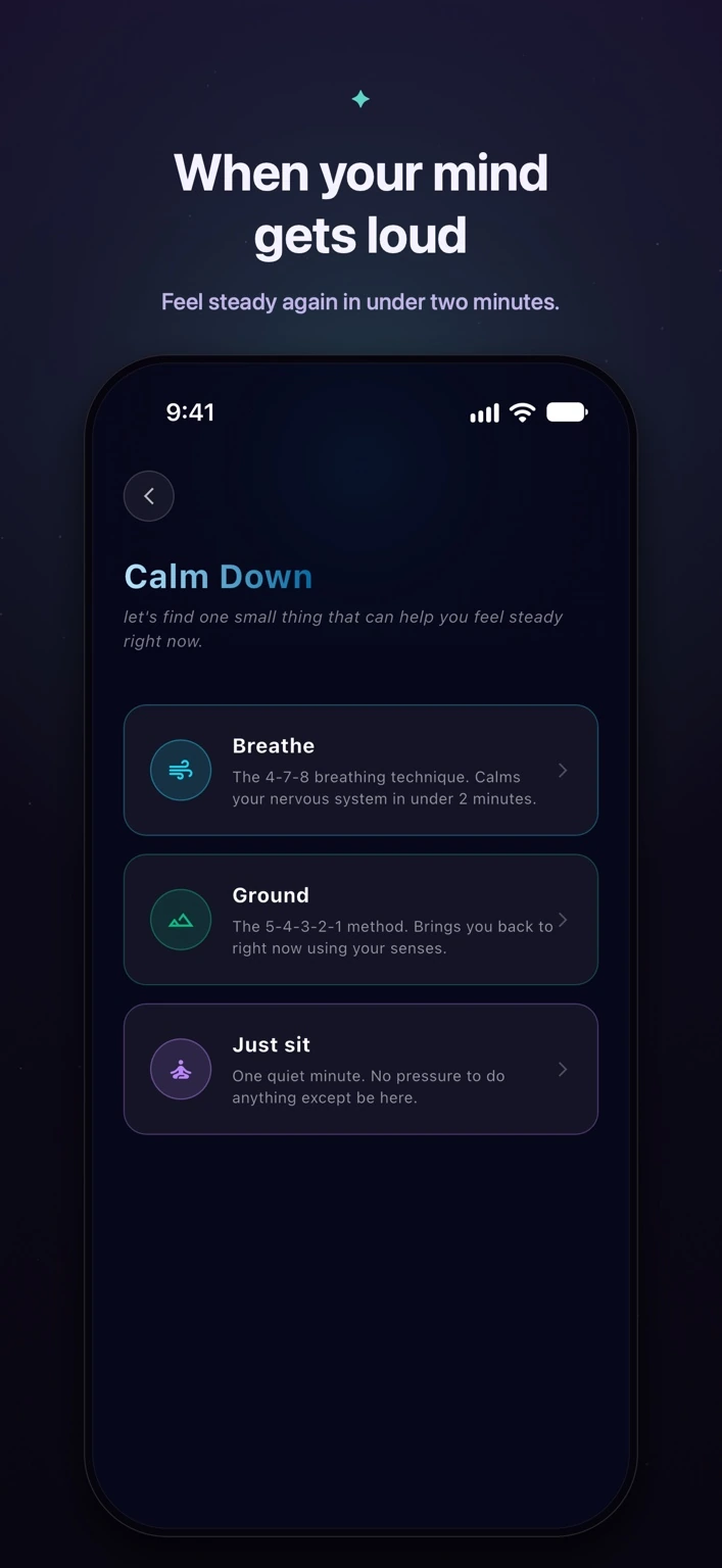 When your mind gets loud — official Elyvia screenshot showing Breathe, Ground, and Just sit