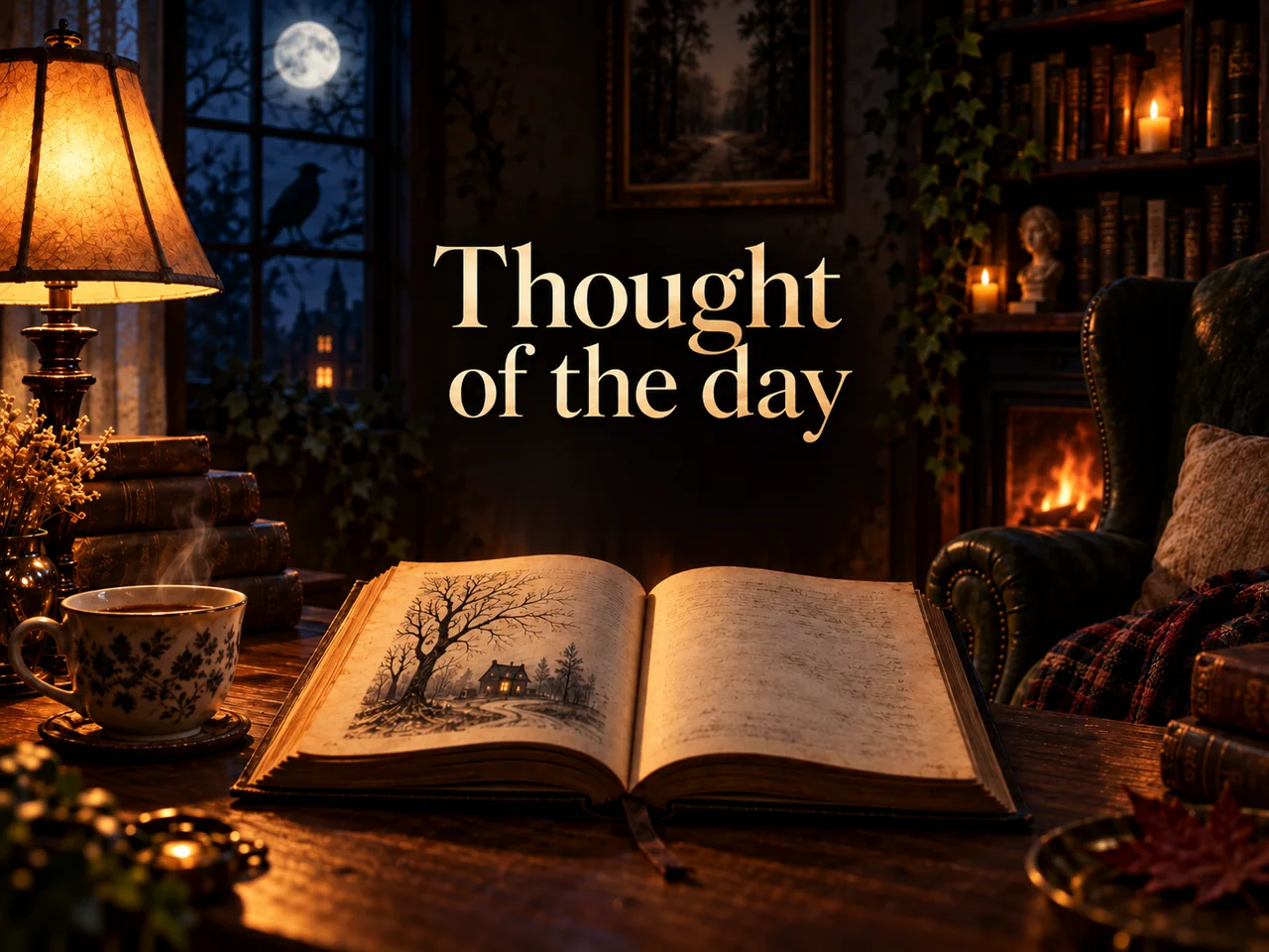 Thought of the day — an open book and tea in a warm library with a glowing fireplace and moonlit window